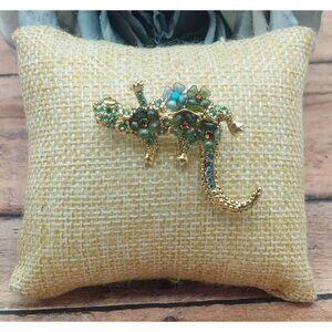 Liz Claiborne Jeweled Gold Tone Lizard Gecko Brooch Pin 2" MINT